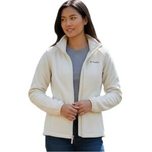 Columbia Medium Cream Neutral Fleece Full Zip Jacket Minimalist Off White